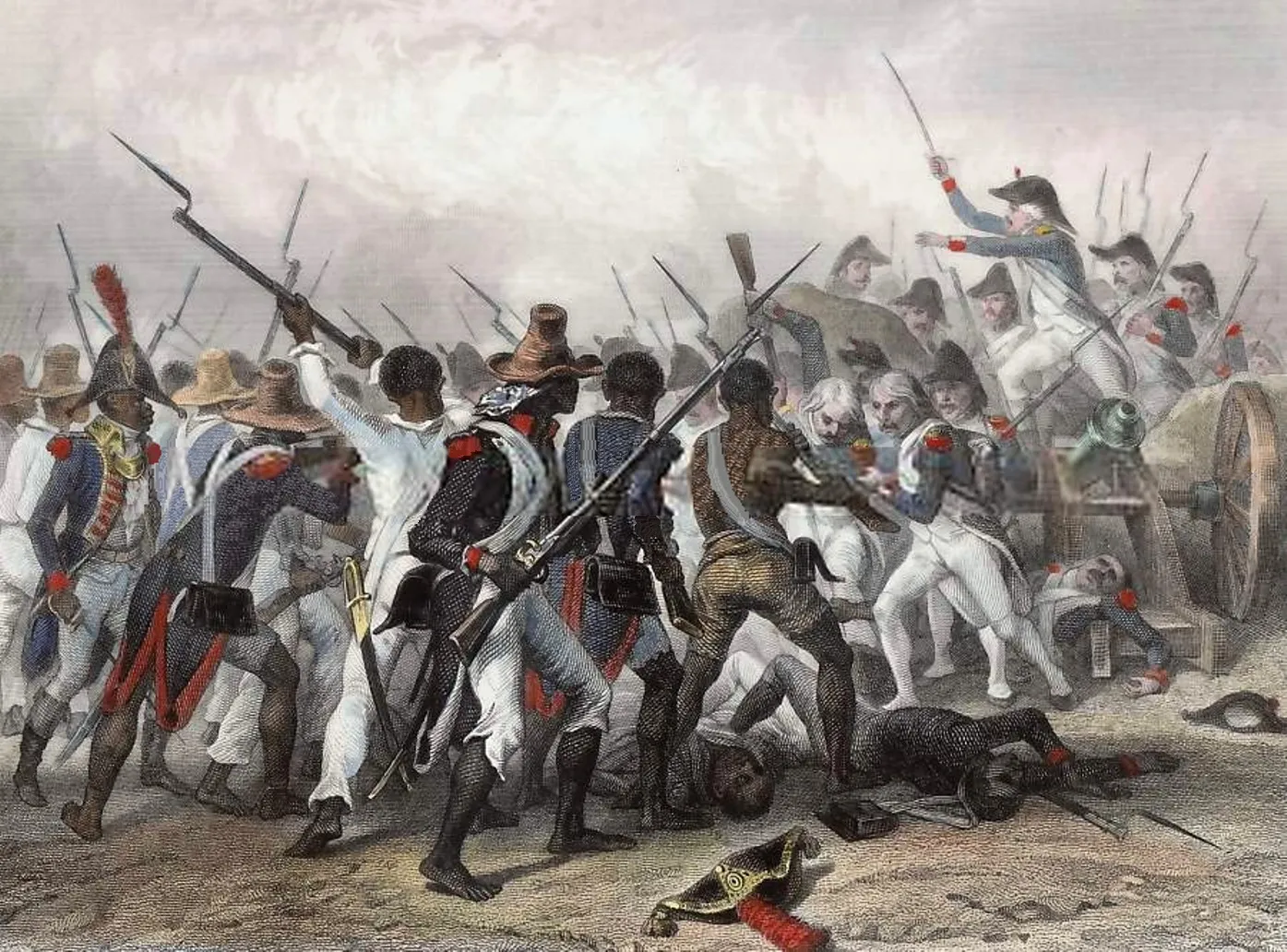 Coloured engraving of a bayonet mêlée: on the left, Black soldiers in blue uniforms and straw hats charge French infantrymen in white and blue coats grouped behind a cannon; in the foreground, bodies and a bicorne lie on the ground