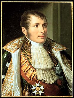 Bust-length portrait of Eugène de Beauharnais in full court dress — voluminous white lace cravat, dark green coat with very high stiff collar and lapels heavily embroidered in gold (oak or laurel), green mantle lined with white silk or ermine with pale embroidery; wide orange or gold sash across the chest; large silver breast star of the Legion of Honour, enamelled five-armed Grand Cross on a ribbon at the neck; gaze to the right, dignified expression; dark background with vertical architectural detail — viceroy's ceremonial portrait, First French Empire