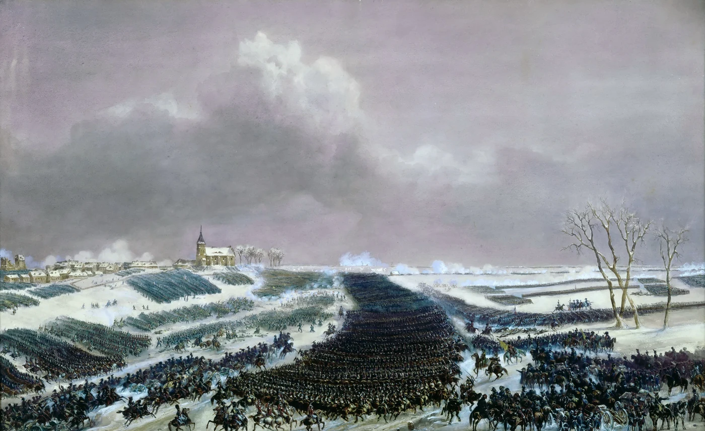 Snowy panorama of the battlefield: masses of cavalry hurled against long lines of infantry beneath the smoke of the batteries
