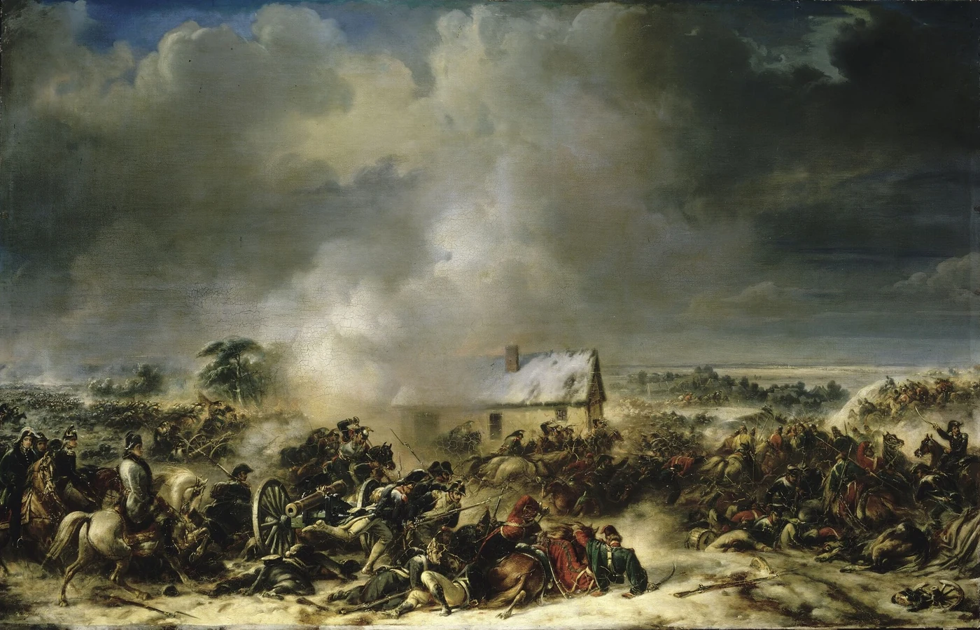 Fighting in a snowy landscape: cavalry and infantry mingled around an isolated farm under a leaden sky