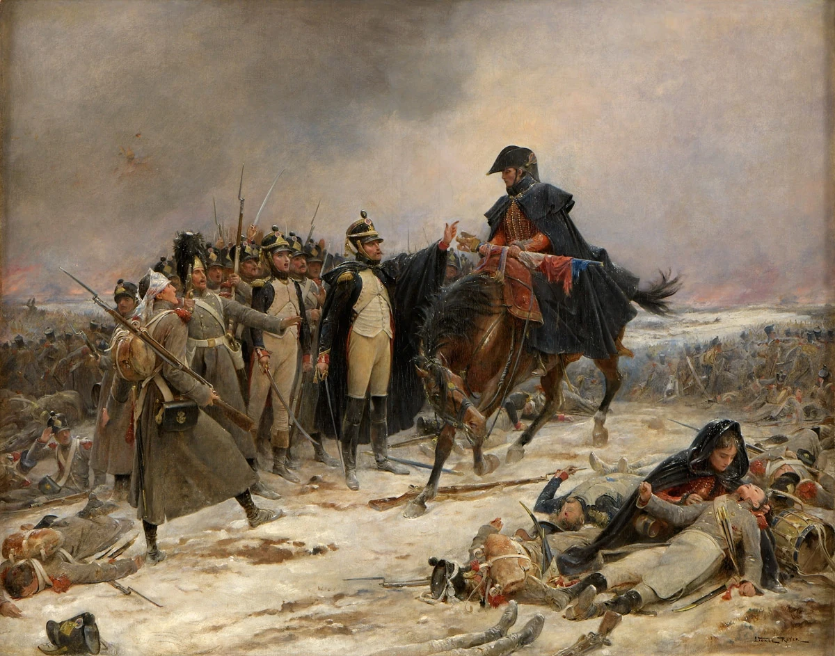 Horseman in a dark cloak and bicorne, a tricolour flag clutched to him, among infantrymen and wounded lying in the snow
