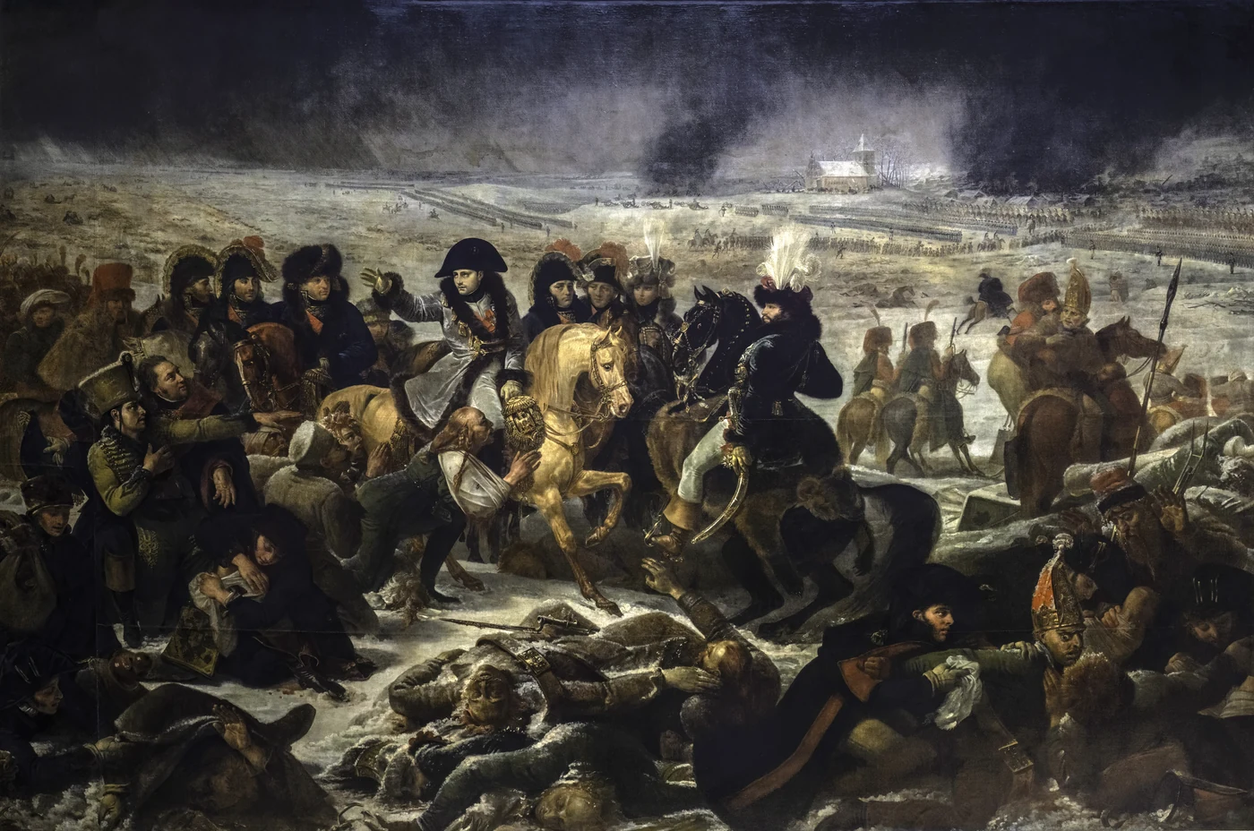 Vast dark composition: the Emperor on horseback, hand raised, surrounded by his staff, above a foreground of dead and wounded in the snow