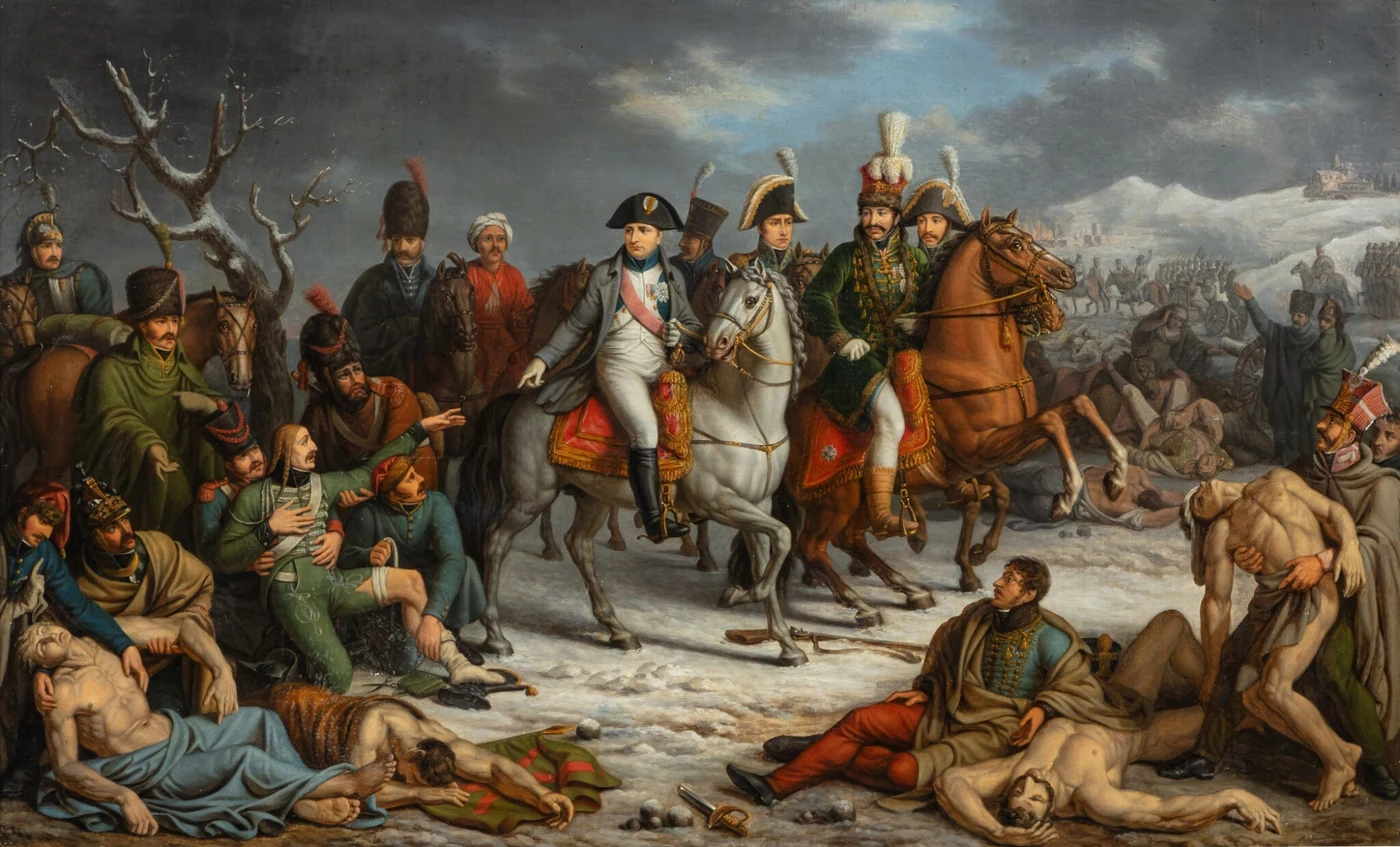 Staff horsemen crossing a snowfield strewn with dead and wounded under a low sky