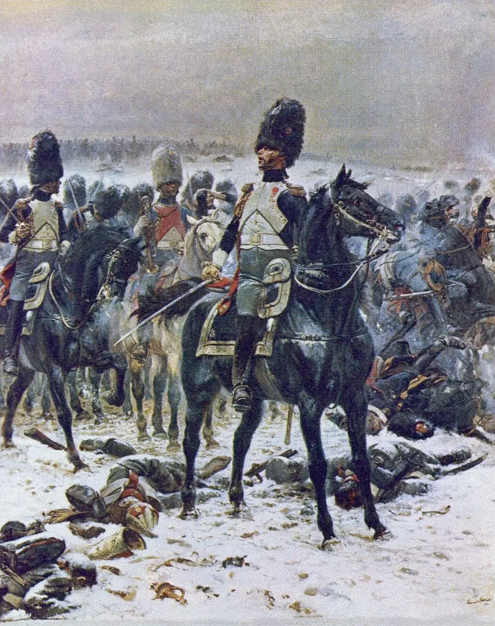 Horsemen in bearskin caps and blue cloaks standing motionless in the snow, sabres in hand, around an officer turning towards them