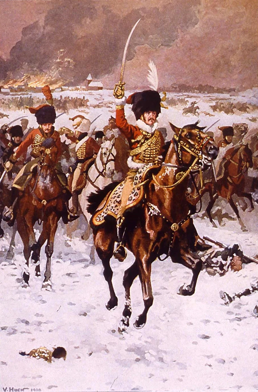 Officer of chasseurs à cheval in a red pelisse, sabre raised, urging his horse through the snow ahead of his troopers