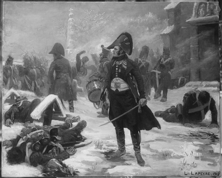 Officer standing in a snow-covered cemetery, cloak blowing, among bodies and gravestones