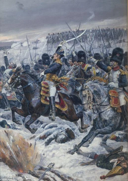 Officer in a blue cloak on horseback among infantrymen in bearskin caps advancing through the snow