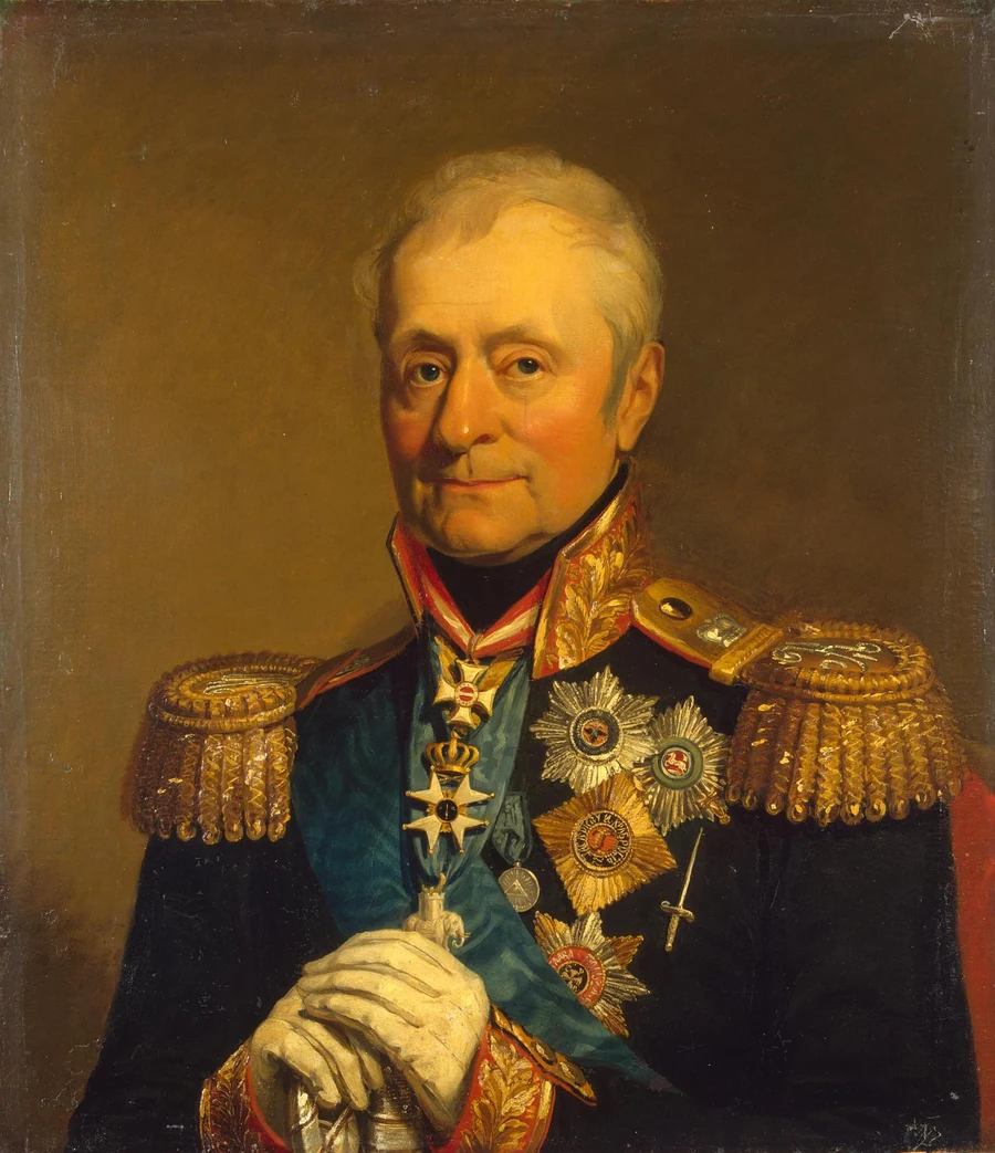 Portrait of an elderly general in a dark uniform with gold epaulettes, white gloves in hand, decorations on his chest