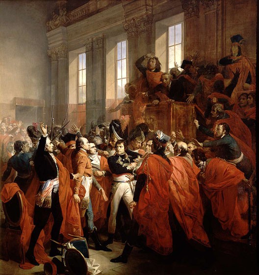 Bonaparte before the Council of Five Hundred, 19 Brumaire Year VIII — painting by François Bouchot: deputies in red robes, grenadiers, Saint-Cloud scene; Lefebvre, coup d’état