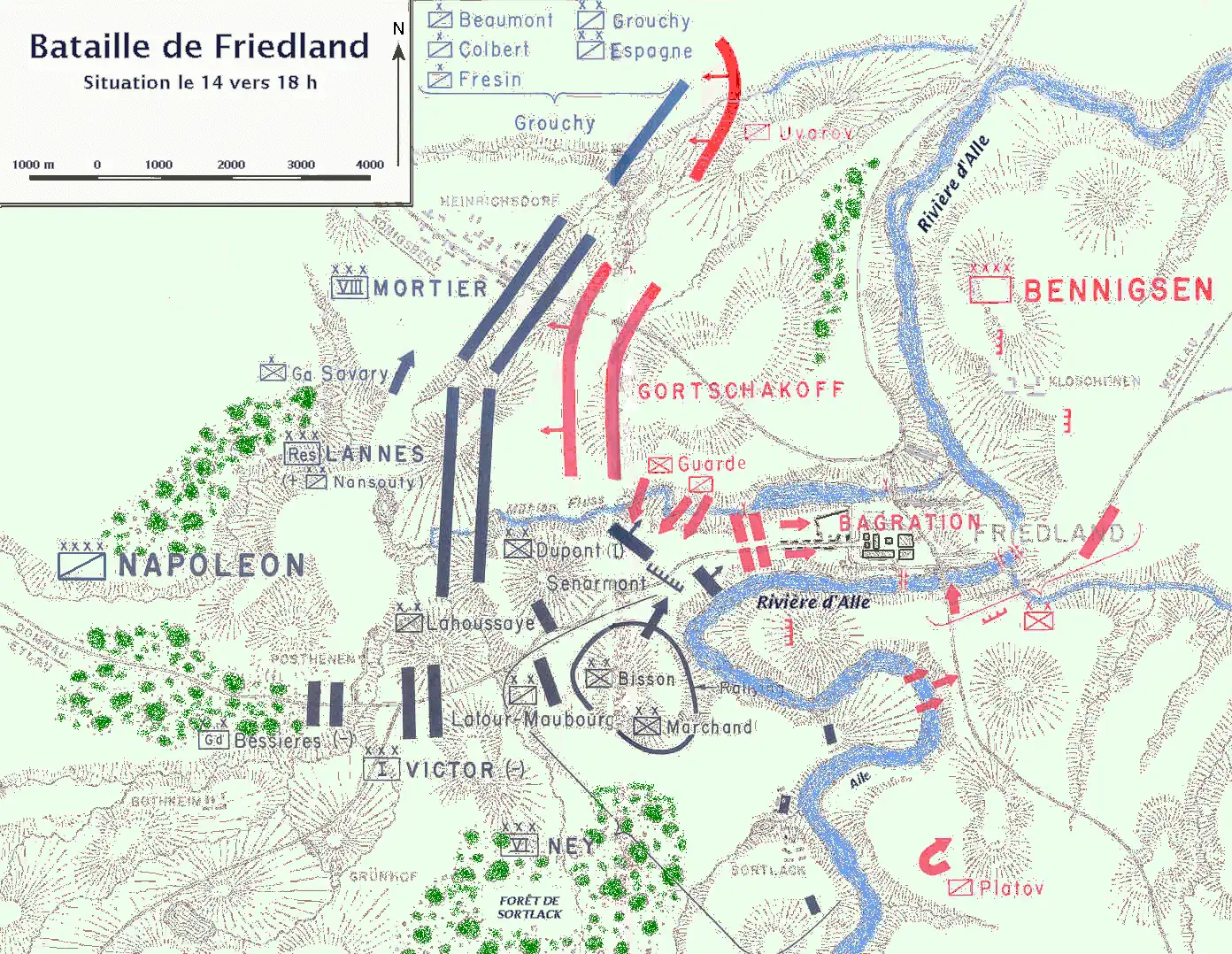 Colour map of the battle: French lines in blue to the west, Russian lines in red in the bend of the Alle around Friedland, with the names of the corps