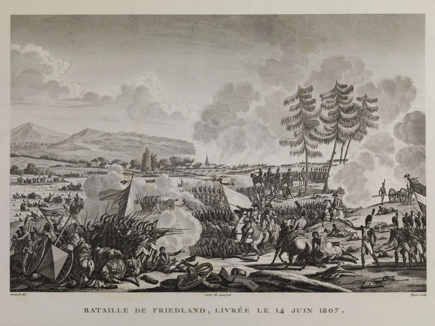 Black-and-white print: soldiers and wounded in the foreground, a town on a river under the smoke of battle in the background