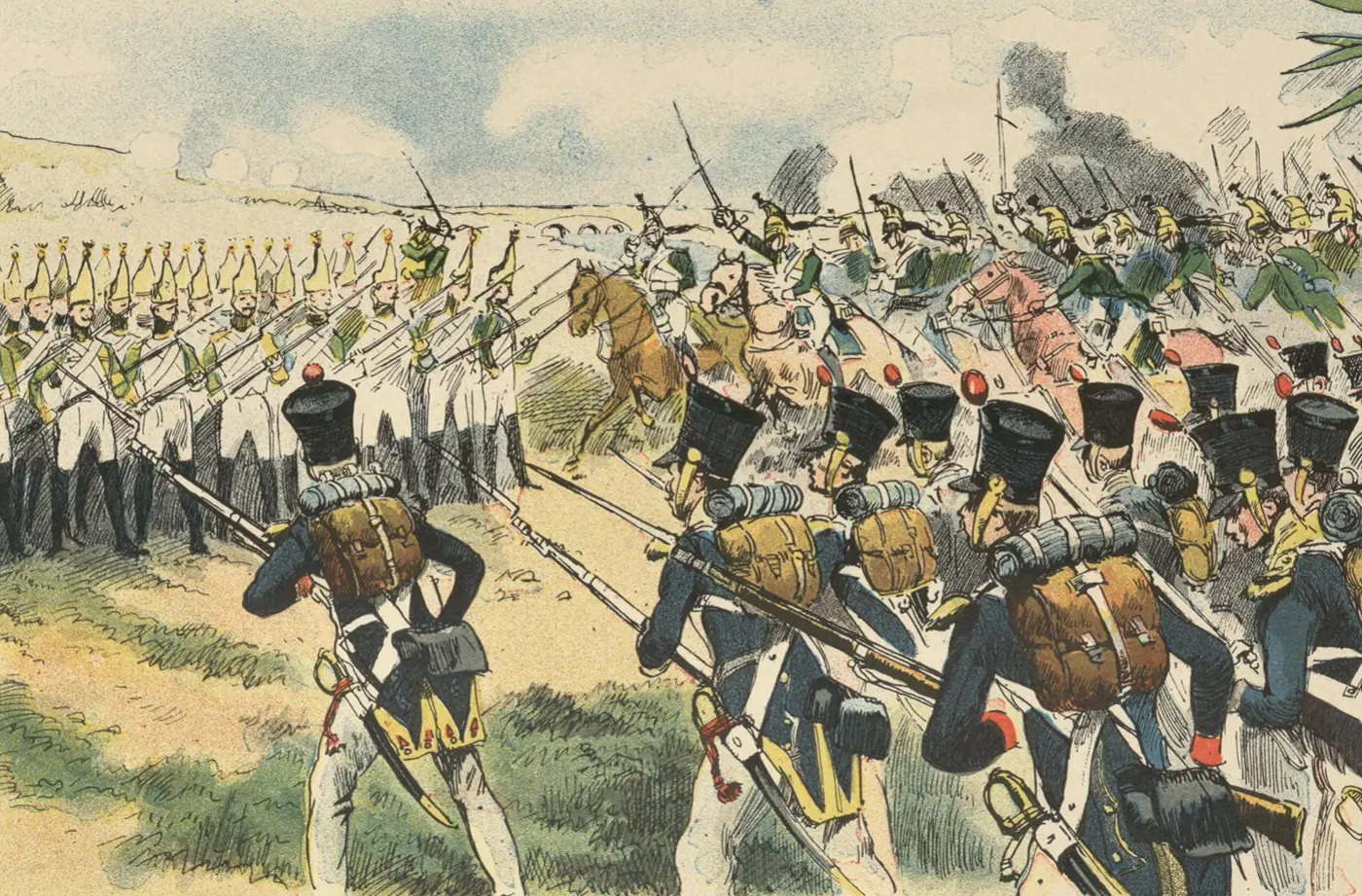 A column of French infantry in shakos advancing with fixed bayonets through the corn, while in the distance horsemen clash in the smoke