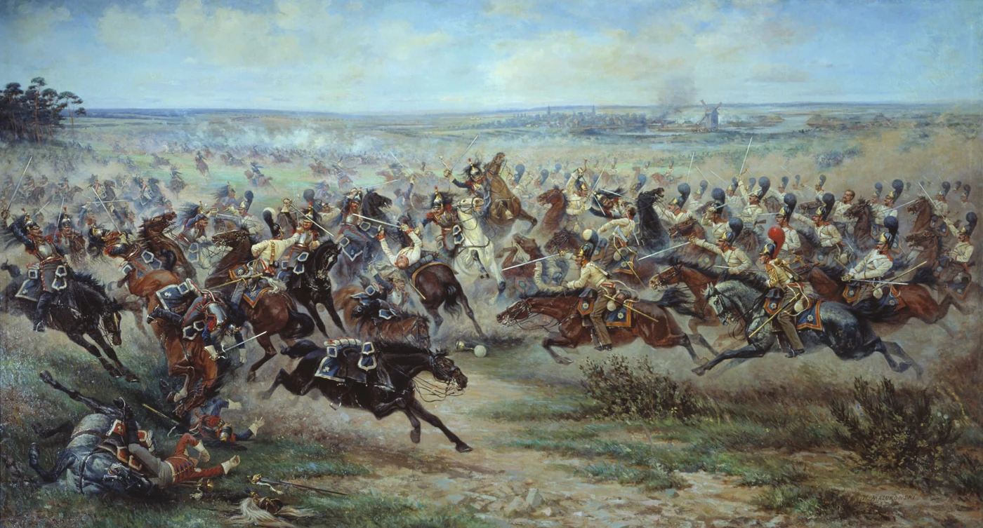 Charge of Russian horsemen in white uniforms and crested helmets across a vast plain, sabres raised, under a clear sky