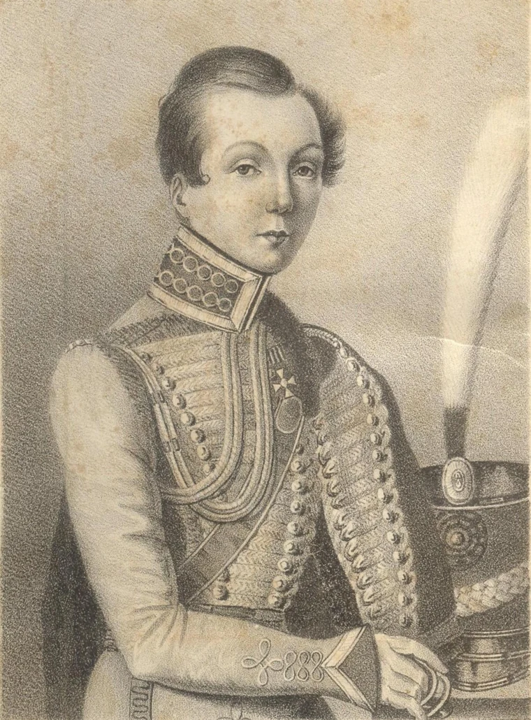 Print: portrait of a young cavalryman with short hair in a frogged dolman, arm resting on a table
