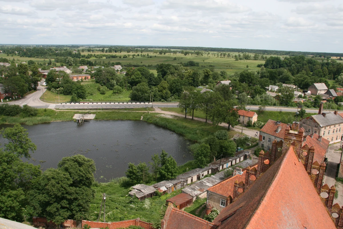 View from above of a pond surrounded by trees and lined with red-roofed houses, green countryside on the horizon