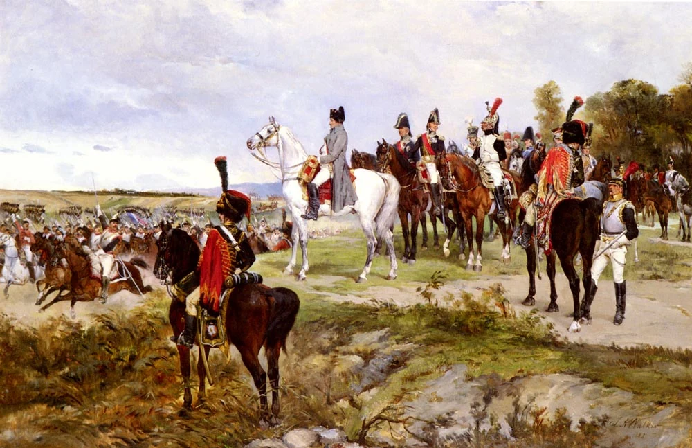 Napoleon on a white horse, surrounded by officers, watches horsemen pass across a plain, a spyglass in his hand