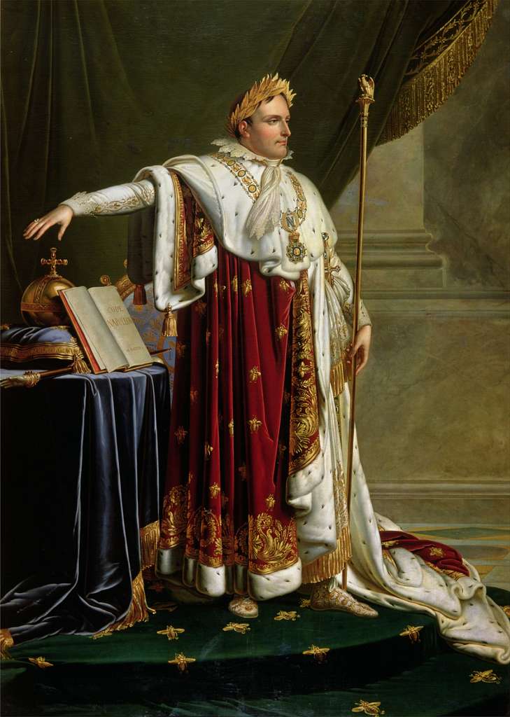 Reichsapfel — Napoleon I. im großen Krönungsornat mit Globus cruciger, Zepter, bienenbesticktem Mantel und Code Napoléon, Porträt von Gérard (1805), Erstes Kaiserreich