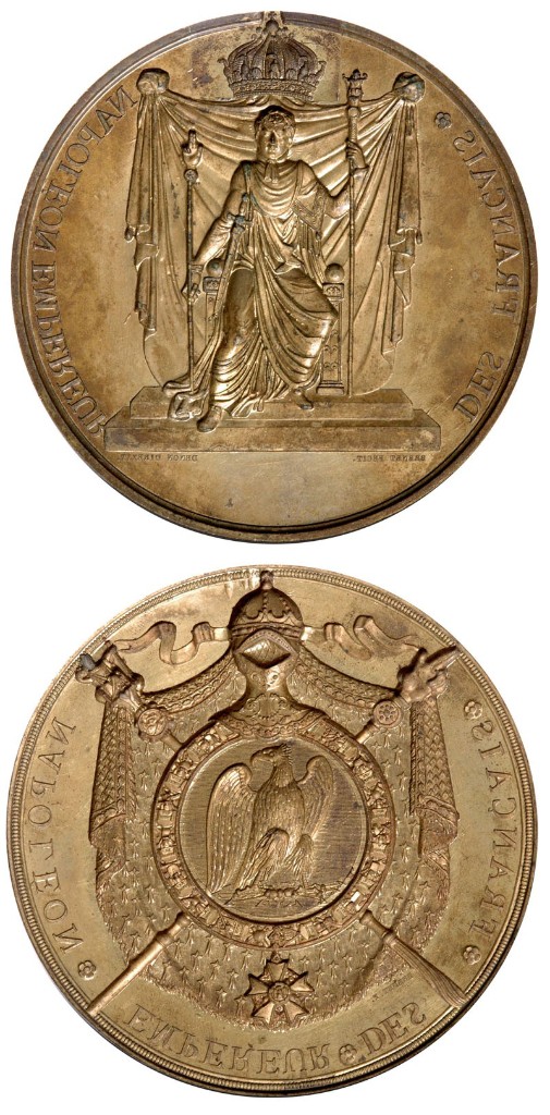 Großes Reichssiegel — bronzene Doppelseiten-Matrize: Napoleon auf dem Thron mit Zepter und Hand der Gerechtigkeit, Rückseite mit kaiserlichem Wappen, Adler, Bienen und Ehrenlegion, Erstes Kaiserreich