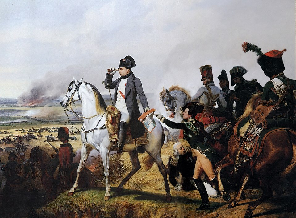Horace Vernet, La battaglia di Wagram (1836) — Napoleone a cavallo il 6 luglio 1809, stato maggiore e linea di fuoco; vittoria in cui Berthier coordinò i corpi della Grande Armée, castello di Versailles