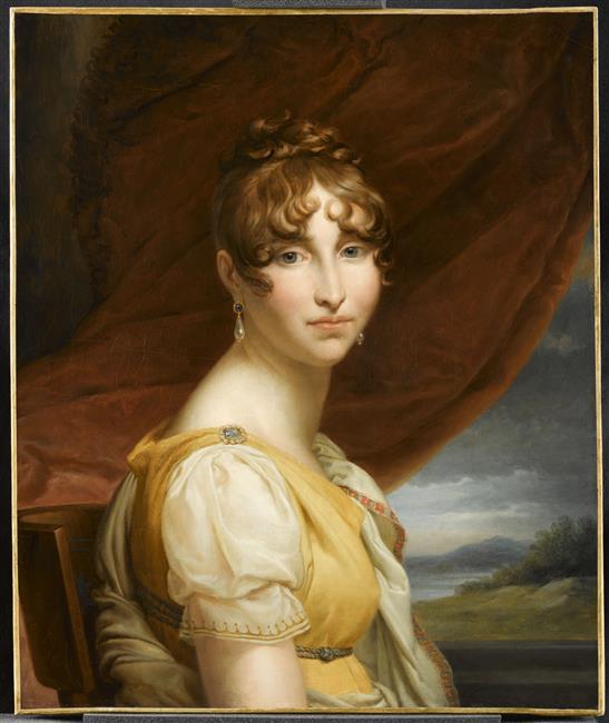 Portrait of Hortense de Beauharnais seated, three-quarters toward the viewer — Empire gown with golden-yellow bodice and white ruffled neckline, short white puffed sleeves with delicate embroidery, jewelled brooch at the right shoulder, dark braided cord or belt below the bust; teardrop pearl earrings with dark stud; light brown hair in an updo with curls at the forehead; left background heavy reddish draped curtain, right background open landscape with water, distant hills and cloudy sky — oil on canvas, attributed to François Gérard or his studio, c. 1805-1810