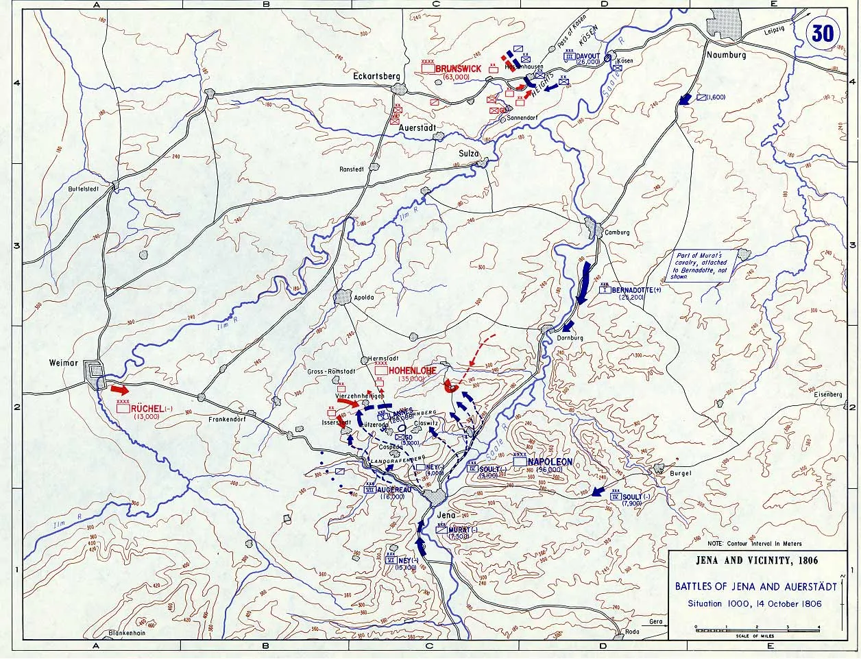 Mapa de las batallas de Jena y Auerstedt hacia las 10 del 14 de octubre de 1806, con el Saale, Jena, Weimar, Apolda, Auerstedt y las posiciones de los cuerpos franceses y prusianos