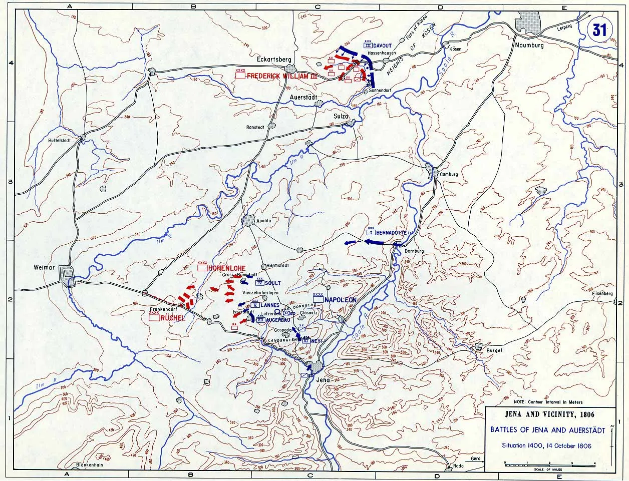 Mapa de las batallas de Jena y Auerstedt hacia las 14: Hohenlohe y Rüchel rechazados hacia Weimar, Davout victorioso cerca de Hassenhausen