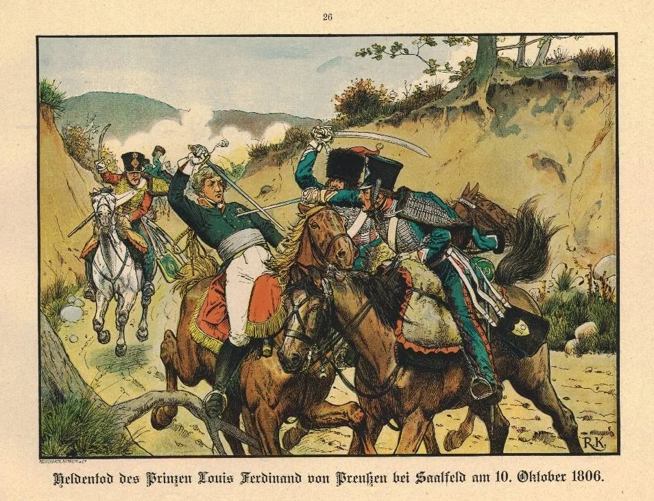 Un húsar francés descarga un sablazo sobre un oficial prusiano a caballo en un camino hundido, mientras otro jinete llega al galope