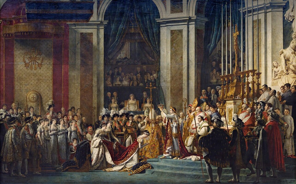 Jacques-Louis David, The Coronation of Napoleon (1805–1807) — Napoleon crowns Josephine at Notre-Dame Paris, 2 December 1804; Louis Constant Wairy, first valet, prepared costume and regalia