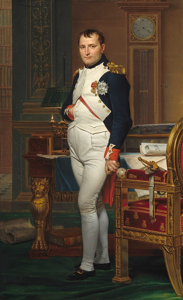 Jacques-Louis David, The Emperor Napoleon in His Study at the Tuileries (1812) — Napoleon at his desk, lamp, clock, Civil Code scroll; study where Méneval took dictation