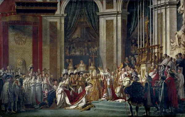 Le Sacre de Napoléon — tableau de Jacques-Louis David (1805-1807) : couronnement de Napoléon Ier et sacre de l'impératrice Joséphine à Notre-Dame de Paris, 2 décembre 1804 ; maréchaux et cour impériale, dont Joachim Murat.