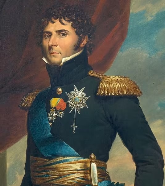 Charles XIV John of Sweden and Norway — portrait in marshal's uniform, blue sash and star, red curtain; former Bernadotte, Bernadotte dynasty