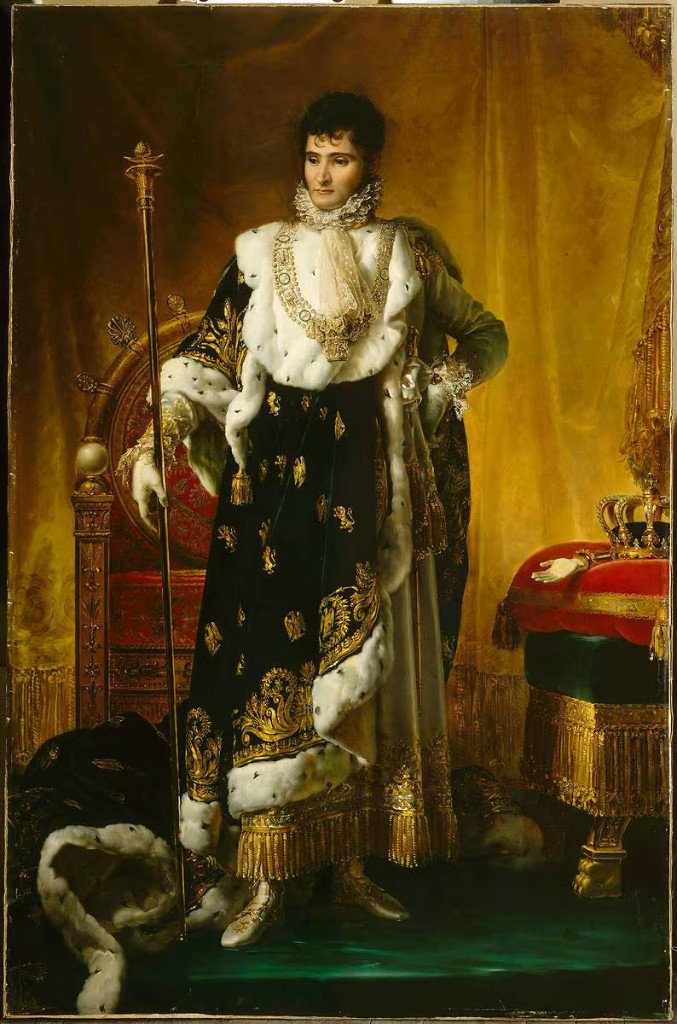 Portrait en pied de Jérôme Bonaparte, roi de Westphalie, en costume de sacre — manteau de velours sombre bordé d'hermine, broderies d'or et abeilles impériales, tunique blanche, grand collier d'ordre, sceptre d'or ; couronne sur coussin de velours rouge, trône et draperies dorées — peinture néoclassique d'apparat (François Gérard)