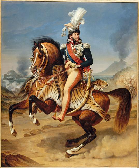 Equestrian portrait of Joachim Murat, King of Naples, by Antoine-Jean Gros (c. 1812) — rearing horse, tiger-skin saddlecloth, gold-embroidered uniform, red Legion of Honour sash, plumed czapka; smoking Mount Vesuvius and Bay of Naples beyond