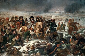 Joachim Murat alongside Napoleon on the Eylau battlefield, 8 February 1807 — snow, wounded, smoke and winter sky; painting by Antoine-Jean Gros