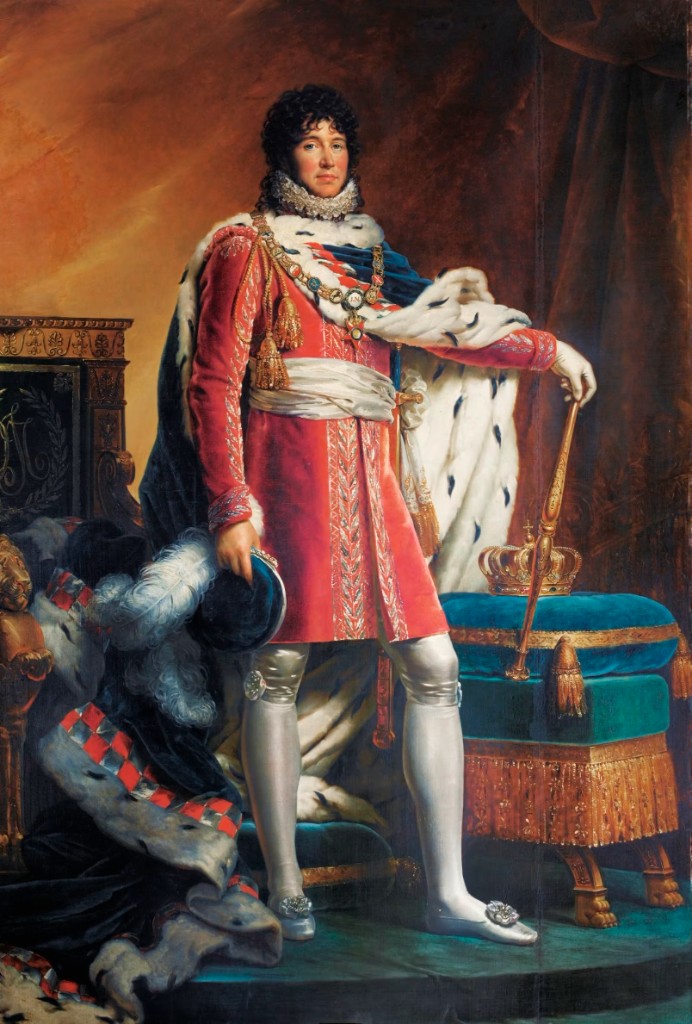 Portrait en pied de Joachim Murat, roi de Naples — redingote rouge richement brodée d'argent, manteau de velours bleu bordé d'hermine, grand cordon blanc, collier et décorations, sceptre d'or, bicorne à panache blanc ; couronne sur coussin de velours et trône — appareil souverain du royaume des Deux-Siciles, style Empire