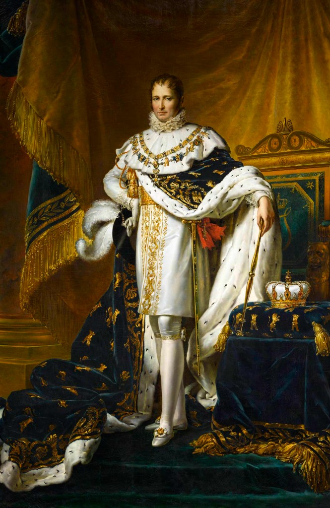 Joseph Bonaparte in full royal dress of the First French Empire — full-length portrait: blue velvet mantle embroidered with imperial bees and ermine border, gold-embroidered white tunic, grand collar, gold sceptre, crown on velvet cushion, gilded throne; Joseph-Napoleon, King of Spain, Napoleon's elder brother — Neoclassical ceremonial painting