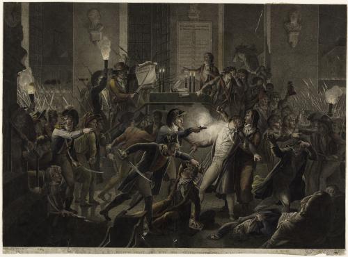 Arrest of Maximilien Robespierre at the Paris Hôtel de Ville on 9 Thermidor Year II — contemporary engraving: Thermidorian Reaction, chaos, gunfire, prelude to the fall of the Terror; Joseph Fouché survives