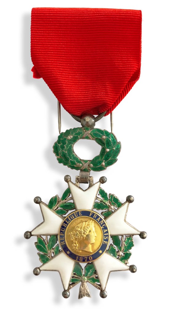 Medaille der Ehrenlegion — weiß emaillierter fünfstrahliger Stern, Eichen- und Lorbeerkranz, rotes Band, 1802 von Napoleon gestifteter Nationalorden