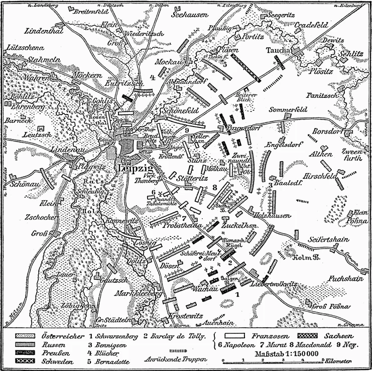 Carta in bianco e nero dei dintorni di Lipsia con i fiumi, i villaggi e le posizioni degli eserciti francese e coalizzati il 18 ottobre 1813