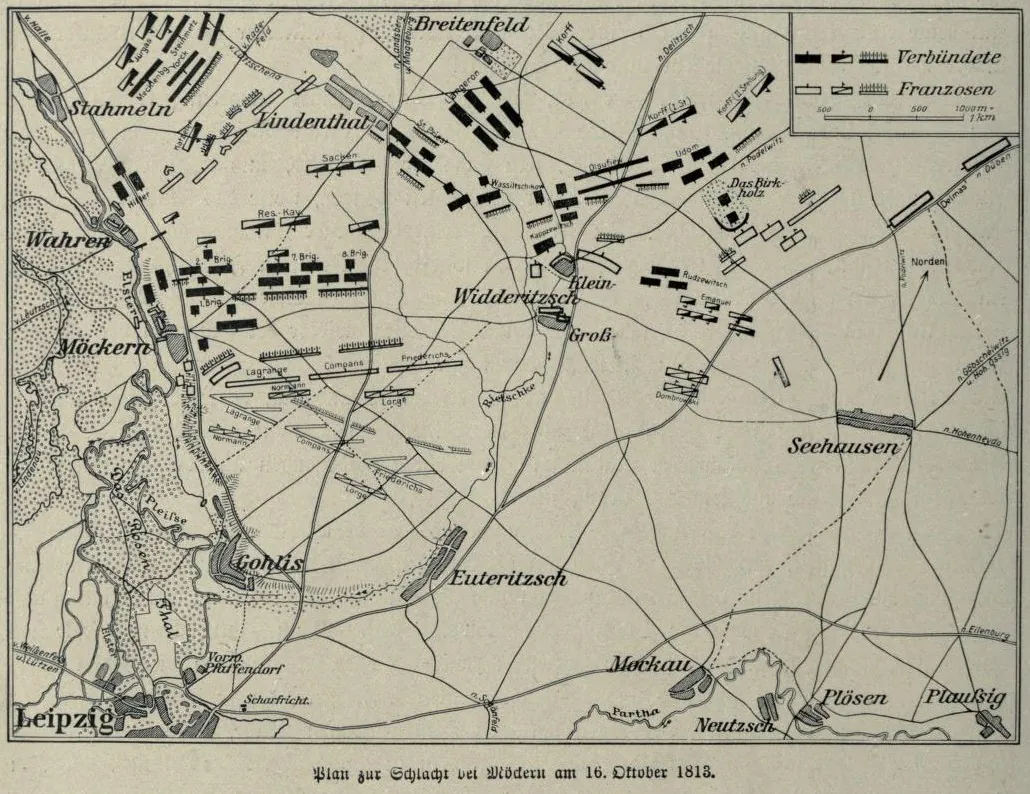 Carta antica del settore a nord di Lipsia, con i villaggi di Möckern, Wiederitzsch e Breitenfeld e le posizioni delle truppe