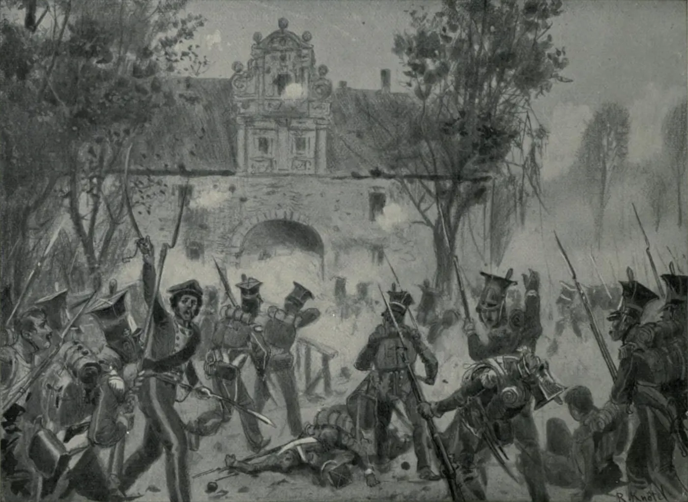 Illustrazione in bianco e nero: fanti si lanciano alla baionetta verso il portale di un castello, tra morti e feriti