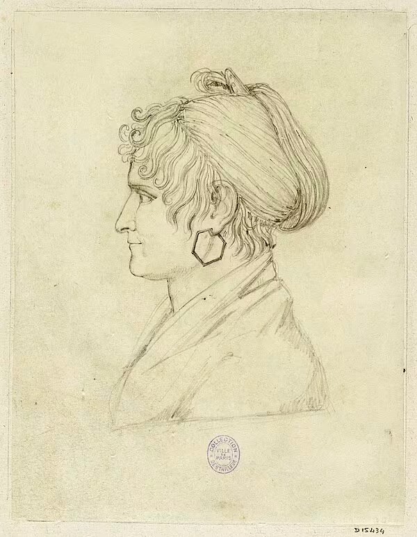 Pencil (graphite) profile portrait of Maria Letizia Ramolino in her youth — face turned left, serene expression, tight curls at forehead and high chignon, large hexagonal hoop earring, high collar sketched; aged cream paper, circular purple ink stamp « COLLECTION VILLE DE PARIS DESTAILLEUR », handwritten shelfmark D 15434 lower right — Neoclassical study, Paris heritage collections