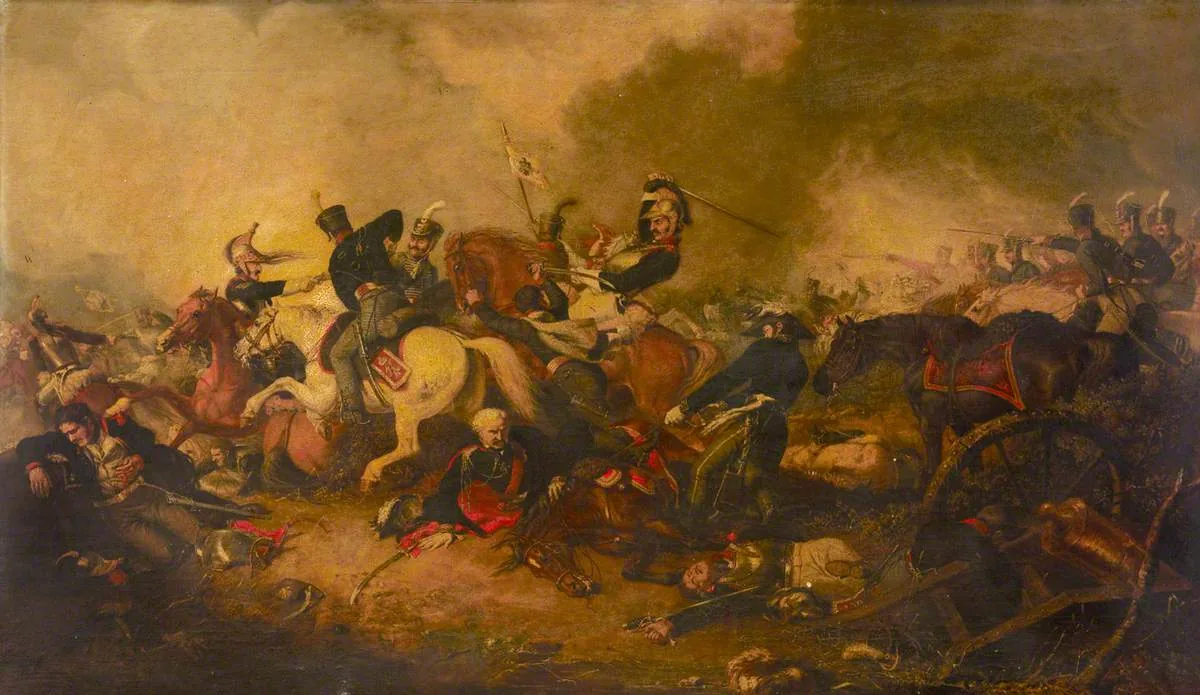 A cavalry melee in the smoke: French cuirassiers charge around an old white-haired Prussian general lying on the ground beside his fallen horse, while an officer bends over him
