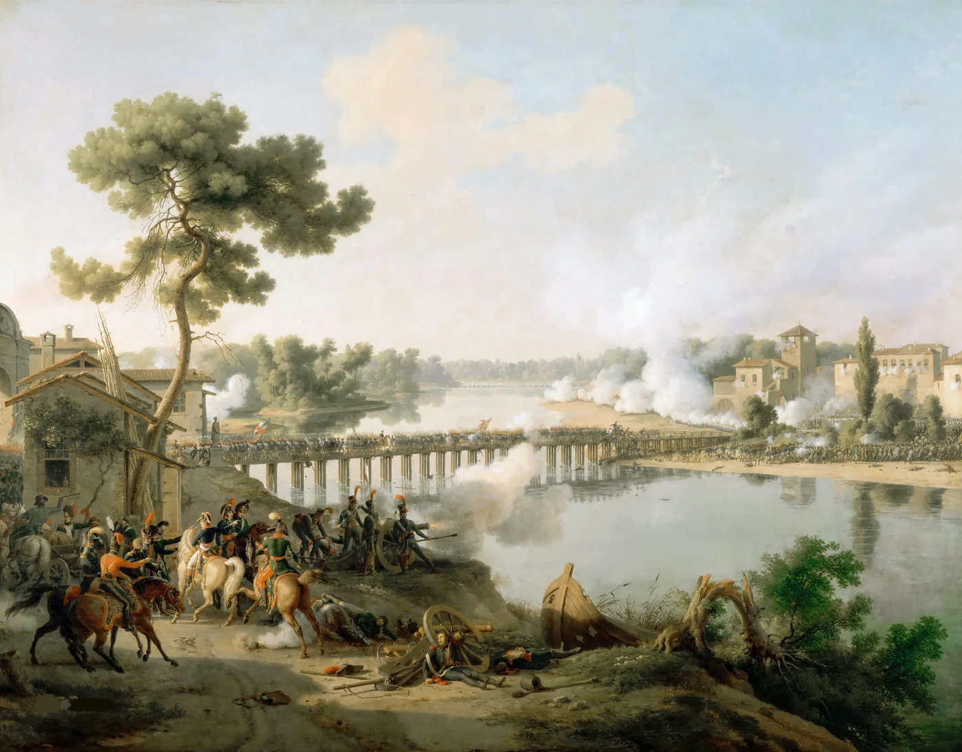 Une colonne de soldats français s'élance sur un long pont de bois dans la fumée des canons, sous les yeux de cavaliers et d'officiers au premier plan