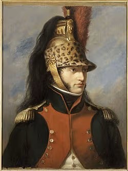 Portrait of Louis Bonaparte (1778-1846), future King of Holland and brother of Napoleon I, in the uniform of colonel of the 5th Dragoon Regiment — gilt dress helmet with leopard-skin band, black horsehair mane, upright red plume, dark blue coat with red plastron and two rows of gold buttons, heavy gold-fringed epaulettes, black collar and white shirt; three-quarter view to the right, cloudy blue-grey sky — Neoclassical oil painting of the First French Empire, narrow gilt frame
