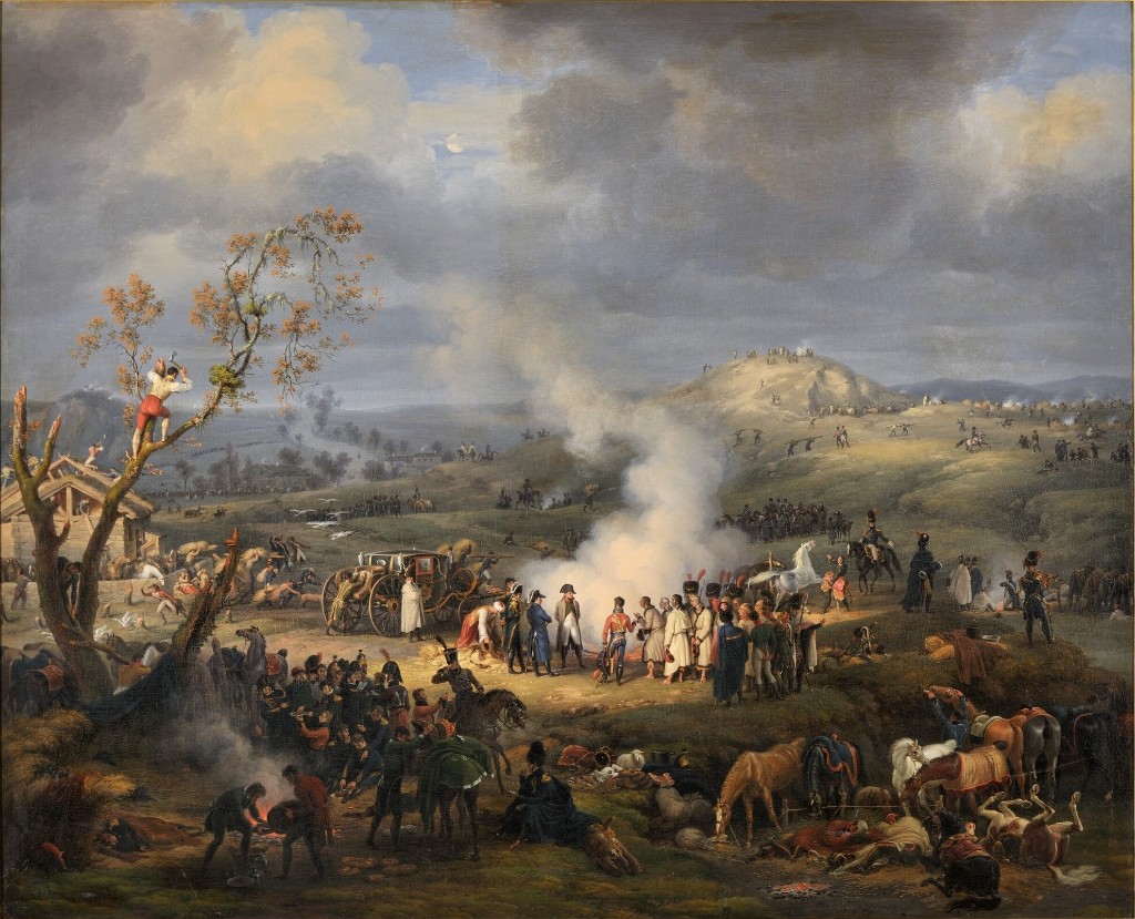 Louis-François Lejeune, La battaglia di Austerlitz, 2 dicembre 1805 — Napoleone e lo stato maggiore (Berthier, maggiore generale) sull’altopiano; fumo, truppe e Pratzen in lontananza, museo del castello di Versailles