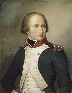 Portrait en buste du jeune Louis-Nicolas Davout en uniforme d'officier de la Révolution française — col rouge, revers et gilet blancs, épaulette d'officier dorée