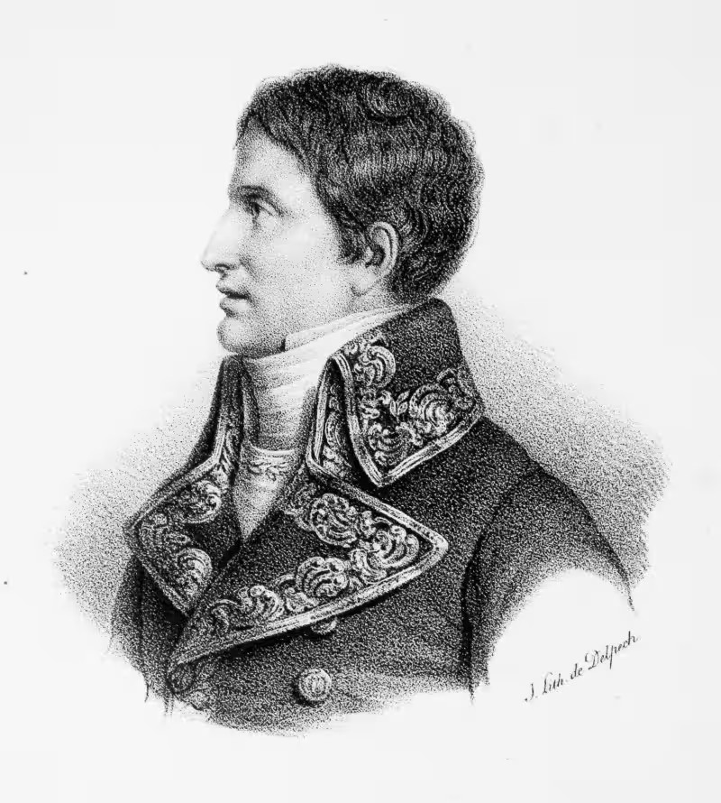 Profile portrait of Lucien Bonaparte (1775-1840), Prince of Canino and brother of Napoleon I, in First French Empire court dress — high collar and lapels embroidered with oak or laurel foliage, white cravat, curly hair and sideburns; black-and-white stipple lithograph, vignette, imprint "Lith. de Delpech" (François-Séraphin Delpech, Paris lithographic printer), c. 1810-1830