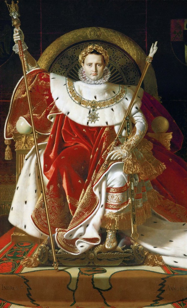 Kaiserlicher Krönungsmantel — Napoleon auf dem Thron in purpurnem Samt mit goldnen Bienen, Hermelinfutter, Zepter und Hand der Gerechtigkeit, Gemälde von Ingres (1806), Erstes Kaiserreich