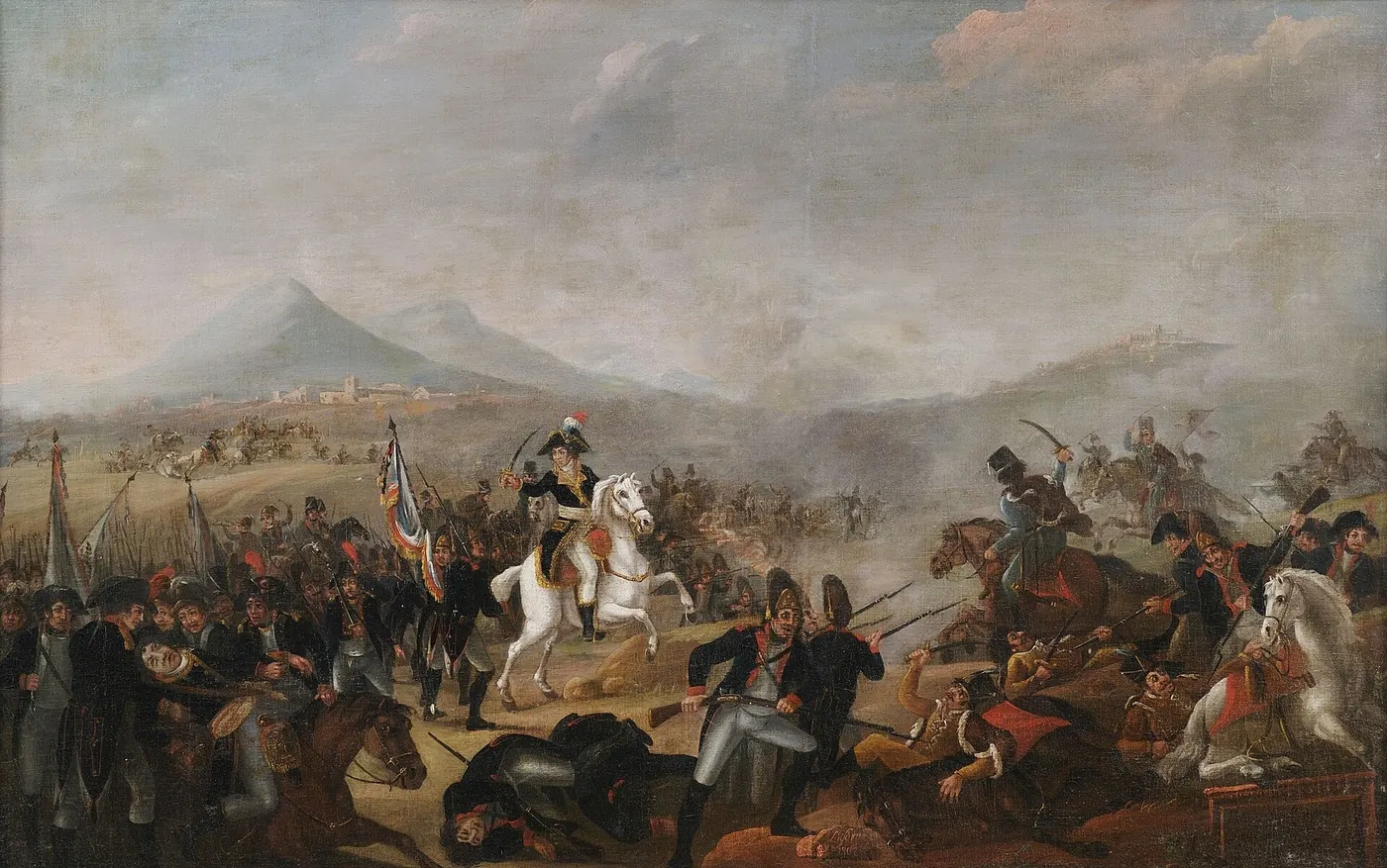 Painting: Bonaparte on horseback, in a dark coat, in the middle of the plain, surrounded by infantry and horsemen in the smoke